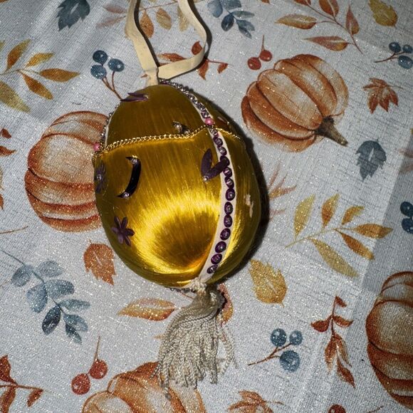 Vintage Satin Push Pin Sequin Bead Christmas Ornament Purple Yellow Gold - Picture 2 of 10